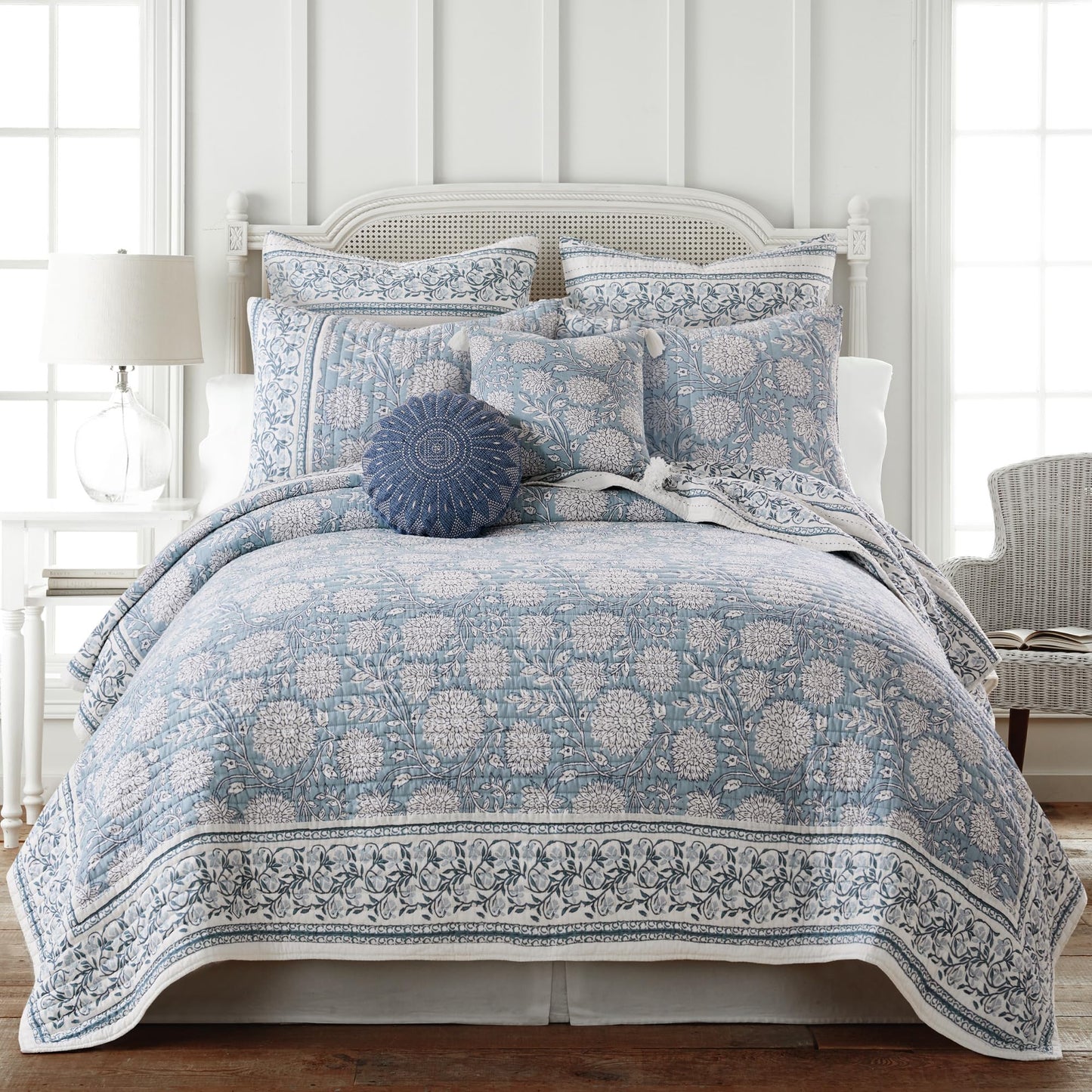 Levtex Home Adare Blue Reversible Full/Queen Quilt Set (88x92in) with 2 Pillow Shams (26x20in) - Floral Bedding - Blue White - Cotton Full/Queen Size Quilt Bedding Set - Lightweight, Soft, Pre-Washed