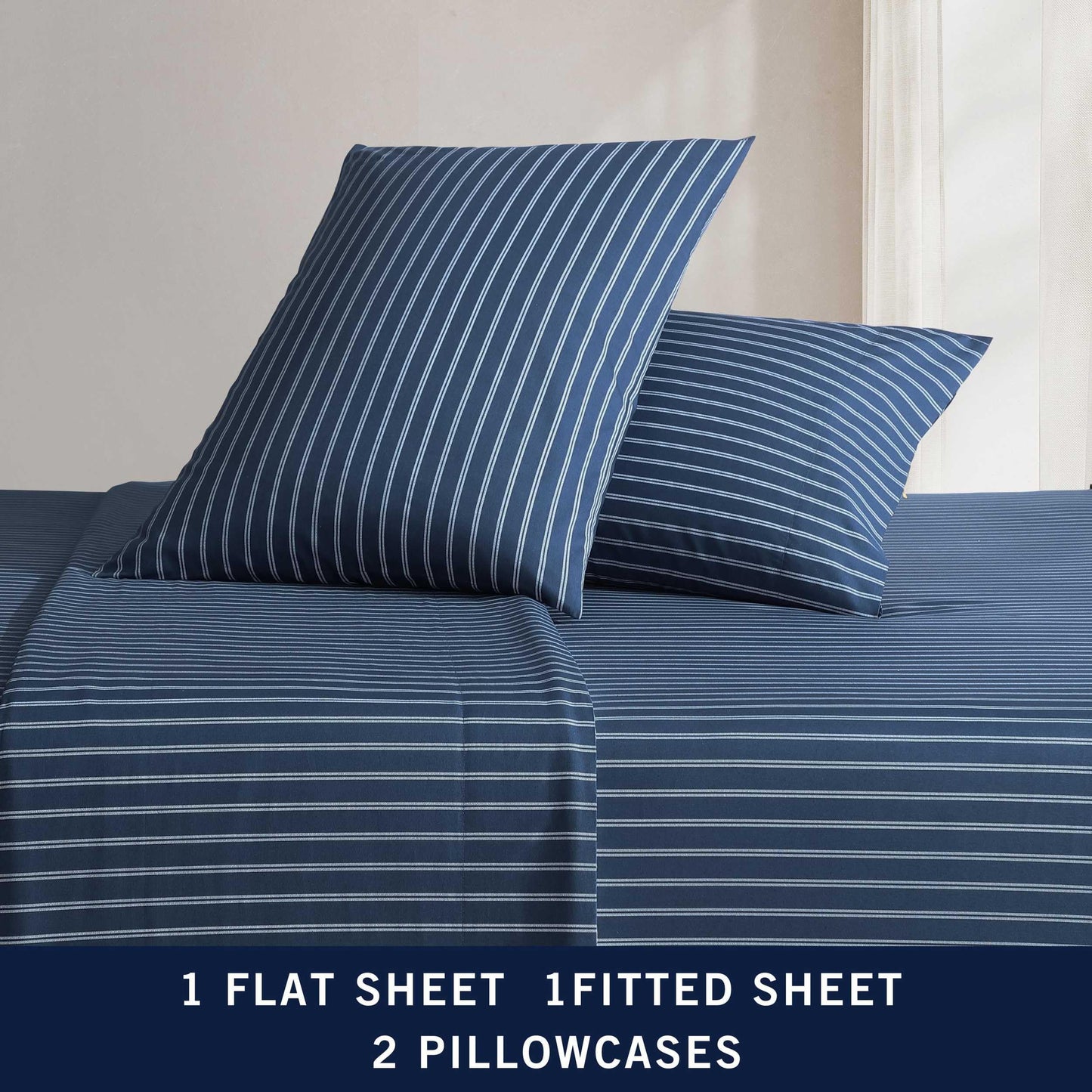 Nautica - Queen Sheets, Premium Cotton Percale Bedding Set, Striped Home Decor, Oeko-Tex Certified (Richmond Stripe Blue, Queen)