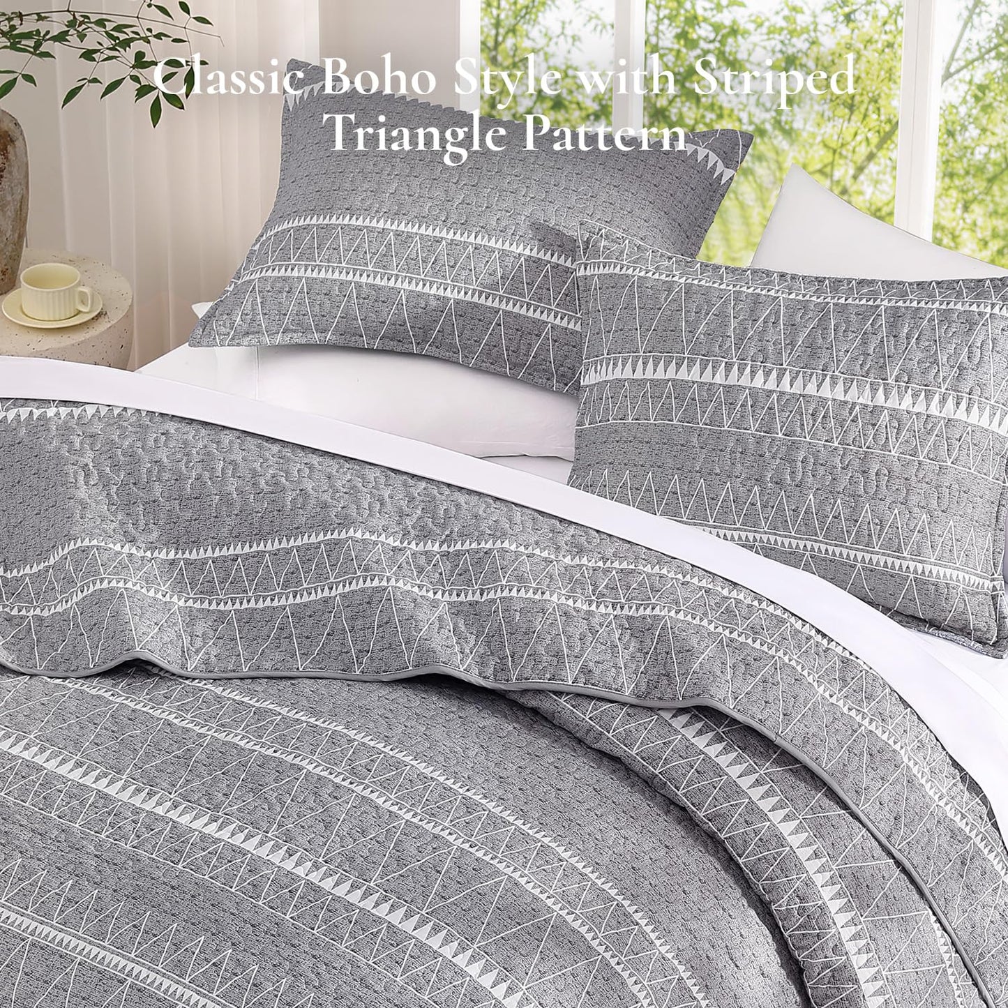 Andency Quilts Queen Size Grey, 3 Pieces Queen Quilt Bedding Set Boho Lightweight Soft Striped Bedspread for All Season (90"x96"), Gray Printed Bohemian Polyester Reversible Coverlet Comoforter Sets