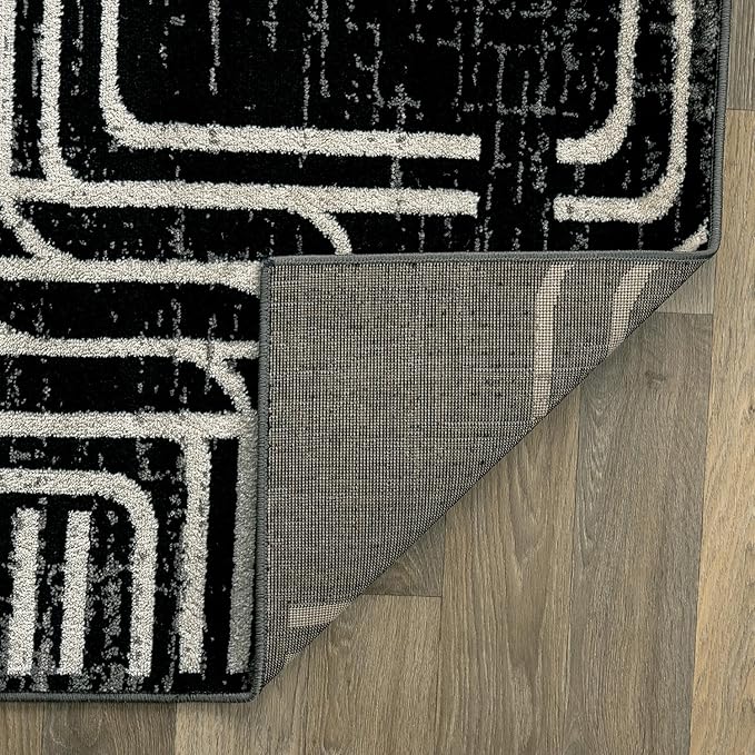 Rugshop Black and White Geometric Area Rug – Abstract Curved Line and Square Pattern Carpet for Living Room, Bedroom, or Office – Contemporary Soft Floor Décor 2' 3" x 4' Black