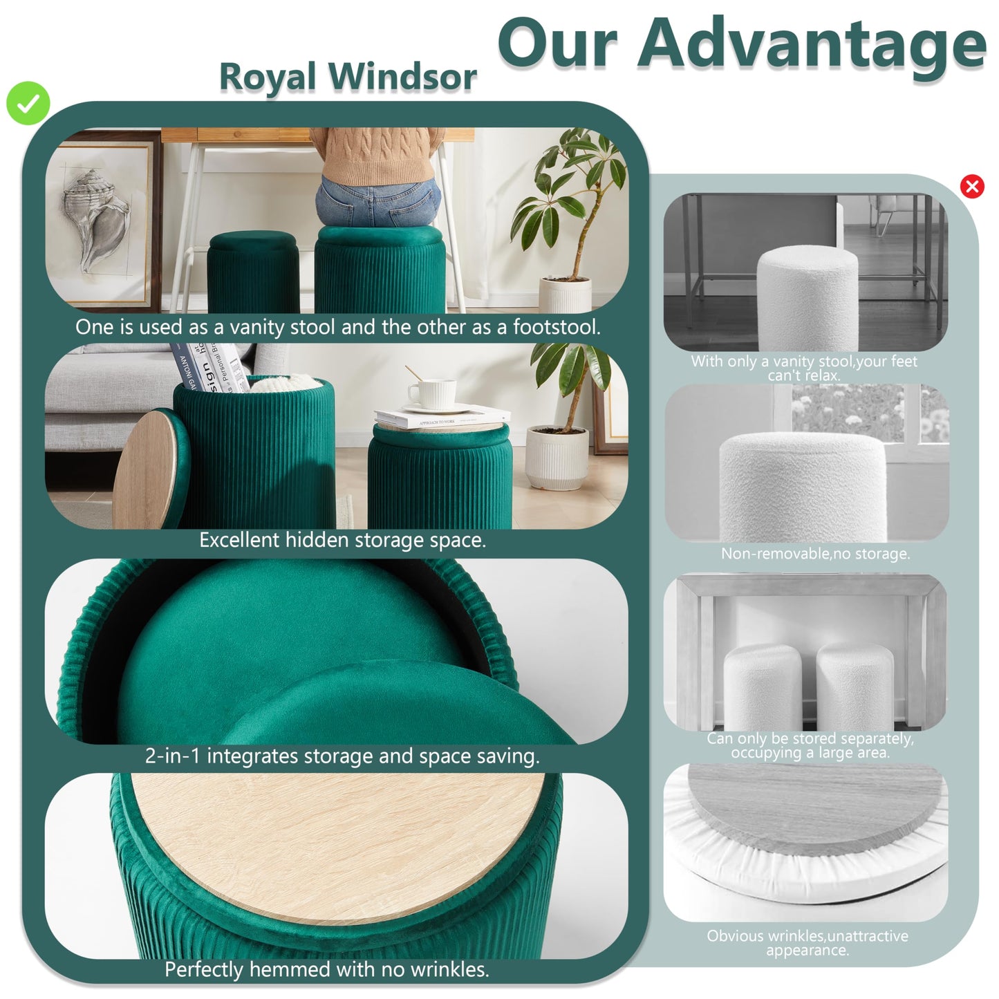 Royal Windsor Round Ottoman with Storage Set of 2,Vanity Stool with Storage for Bedroom, Ottoman Coffee Table, Small Velvet Foot Stool for Living Room, Green