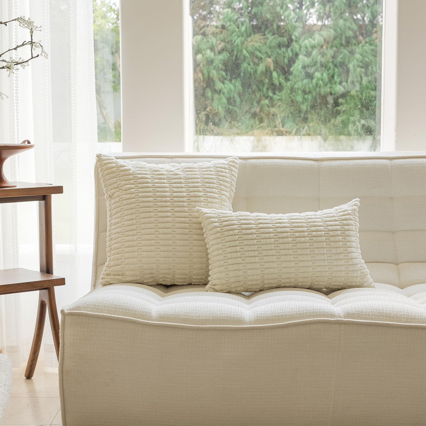 Home Brilliant Pillow Covers 24x24 White Decorative Corduroy Striped Euro Pillow Shams Soft French Cream Plush Pillow Cases for Sofa Bedroom Bed Couch, Set of 2, 24 x 24 inch, Cream