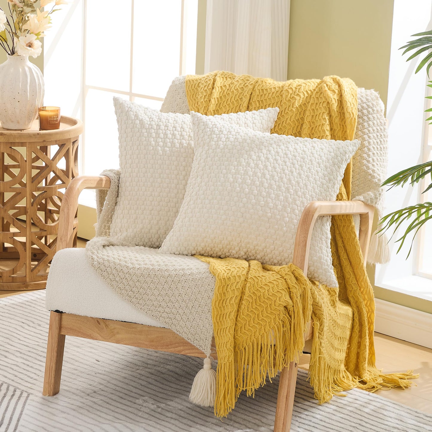 GAWAMAY Decorative Throw Pillow Covers 24x24 Inch Set of 2 for Living Room Couch Bed Sofa, Farmhouse Square Cushion Cover Soft Striped Corduroy Pillow Cases Boho Home Decor (60x60cm) Cream White