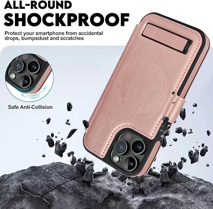 CIVICASE for iPhone 15 Pro Wallet Case with Stand,PU Leather Flip Credit Card Holder Slots (RFID Blocking),Compatible with Magsafe Magnetic Holder Phone Cover Women Men,Rose Gold