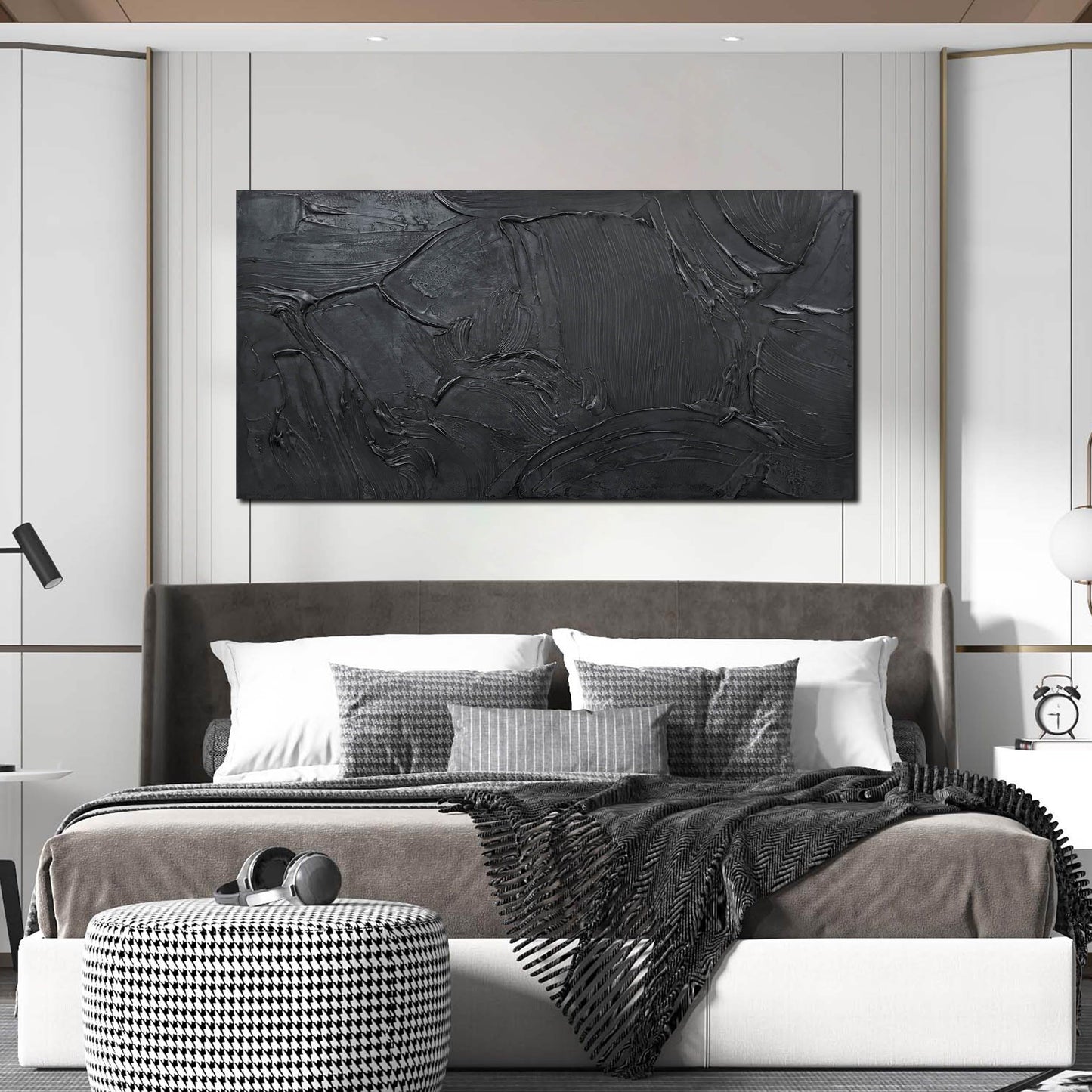 HUBOSKN Abstract Art Pictures for Wall in Living Room - Minimalist Wall Art for Teen Boys Bedroom - Black Hand Painted Wall Art for Office Size 24" x 47"