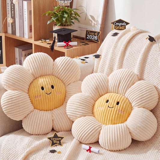 Novabright 2 Pcs Smile Flower Throw Pillows 15" White Flower Throw Pillows Decorative Daisy Floor Seating Cushion Aesthetic Cute Seat Cushion for Bed Sofa Couch Home Decor Bedroom Living Room Chair