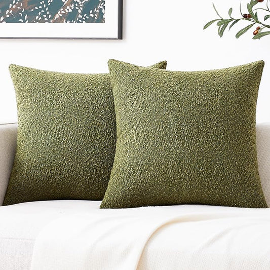 Mixhug Decorative Boucle Throw Pillow Covers, Olive Green, 18 x 18 Inches, Pack of 2 - Textured Boho Pillow Covers for Couch and Bed