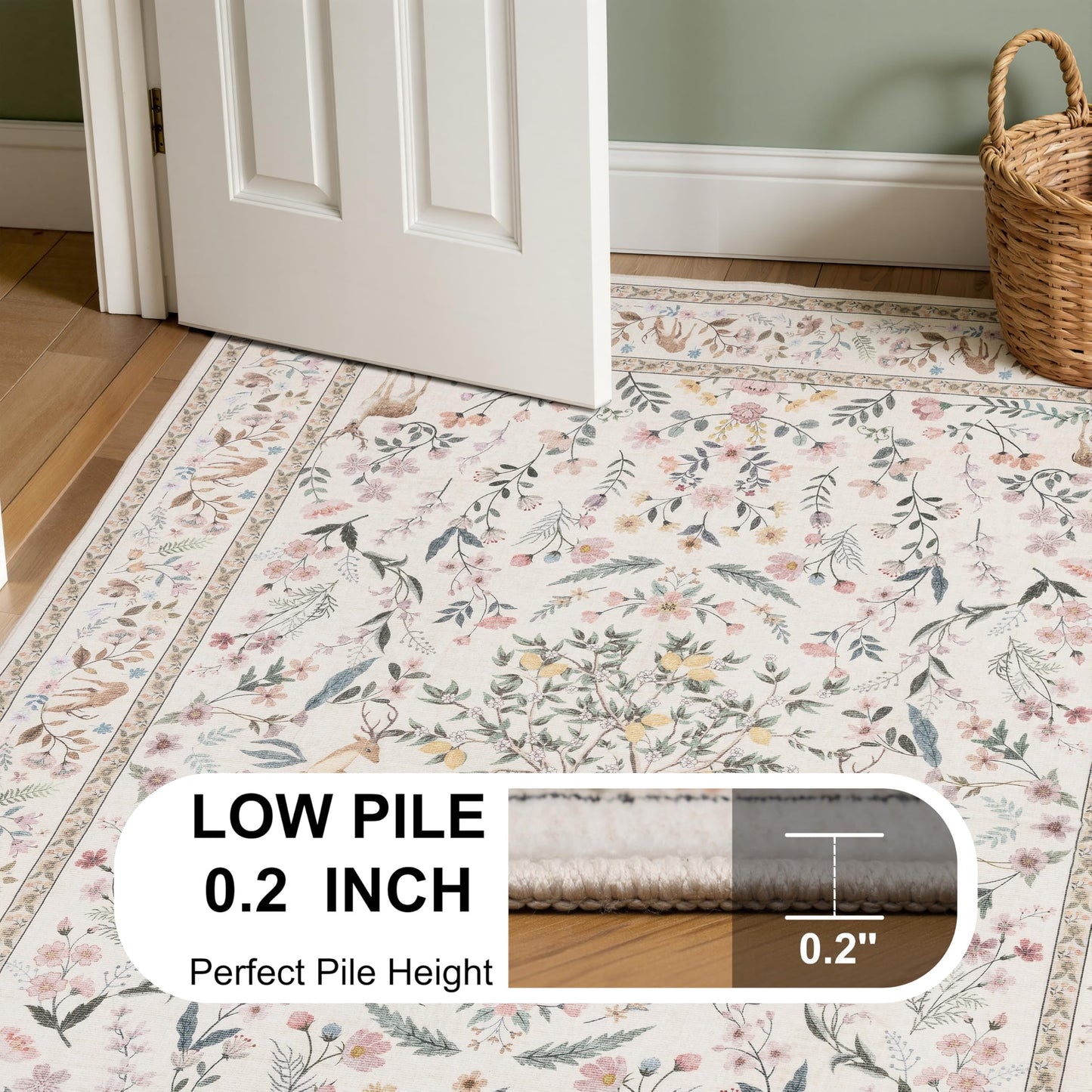 RCTJHOME 5x7 Beige Floral Nursery Kids Washable Area Rug Non-Slip Carpet