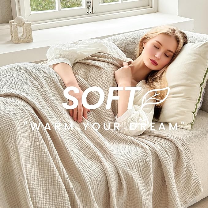 FALUCA Cotton Muslin Reversible Blanket 50x60 Inches for Bed, Couch, Four Layers Blanket, Soft Lightweight Cozy Breathable Farmhouse Decoration for All-Season, Khaki