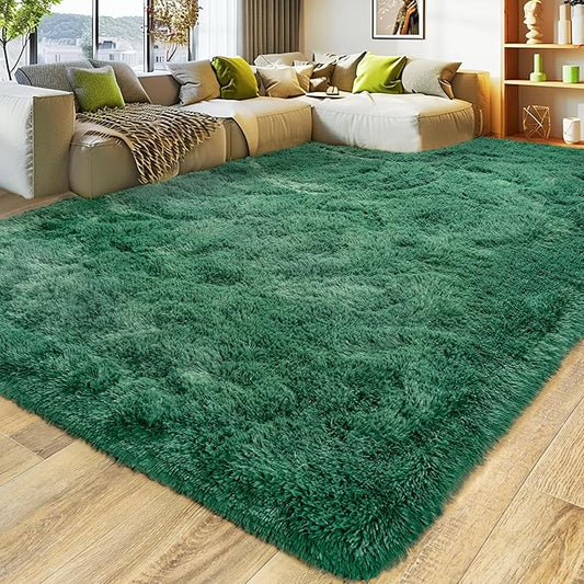 Ultra Fluffy Area Rugs for Living Room Bedroom, 6x9 Fuzzy Large Living Room Rugs, Thick Shag Rug for Dorm, Soft Non Slip Kids Girls Boys Rug for Home Decor Aesthetic, Dark Green