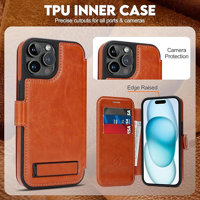 CIVICASE for iPhone 14 Pro Wallet Case with Stand,PU Leather Flip Credit Card Holder Slots (RFID Blocking),Compatible with Magsafe Magnetic Holder Phone Cover Women Men,Brown