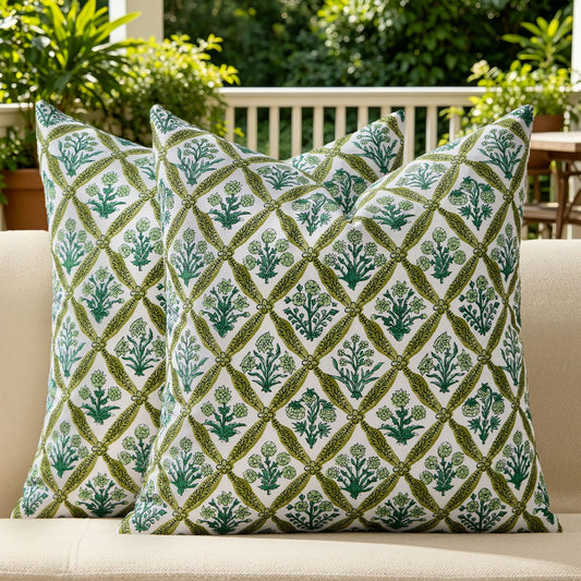 Allorry Floral Outdoor Pillow Covers 18x18 Set of 2 Green Block Print Pillow Cover Farmhouse Coastal Boho Accent Decorative for Spring Summer Outdoor Paito Porch Garden Sofa Bed Decor JB015-C18