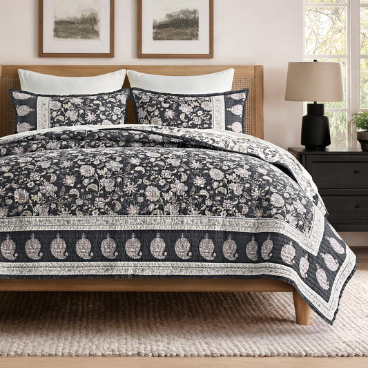 EverGrace Cotton Quilt Set Queen Size, 100% Cotton Reversible Lightweight Bedspread Coverlet, Vintage Floral Farmhouse Bedding, Traditional Botanical Quilt with 2 Pillow Shams, Dark Charcoal 92"×96"