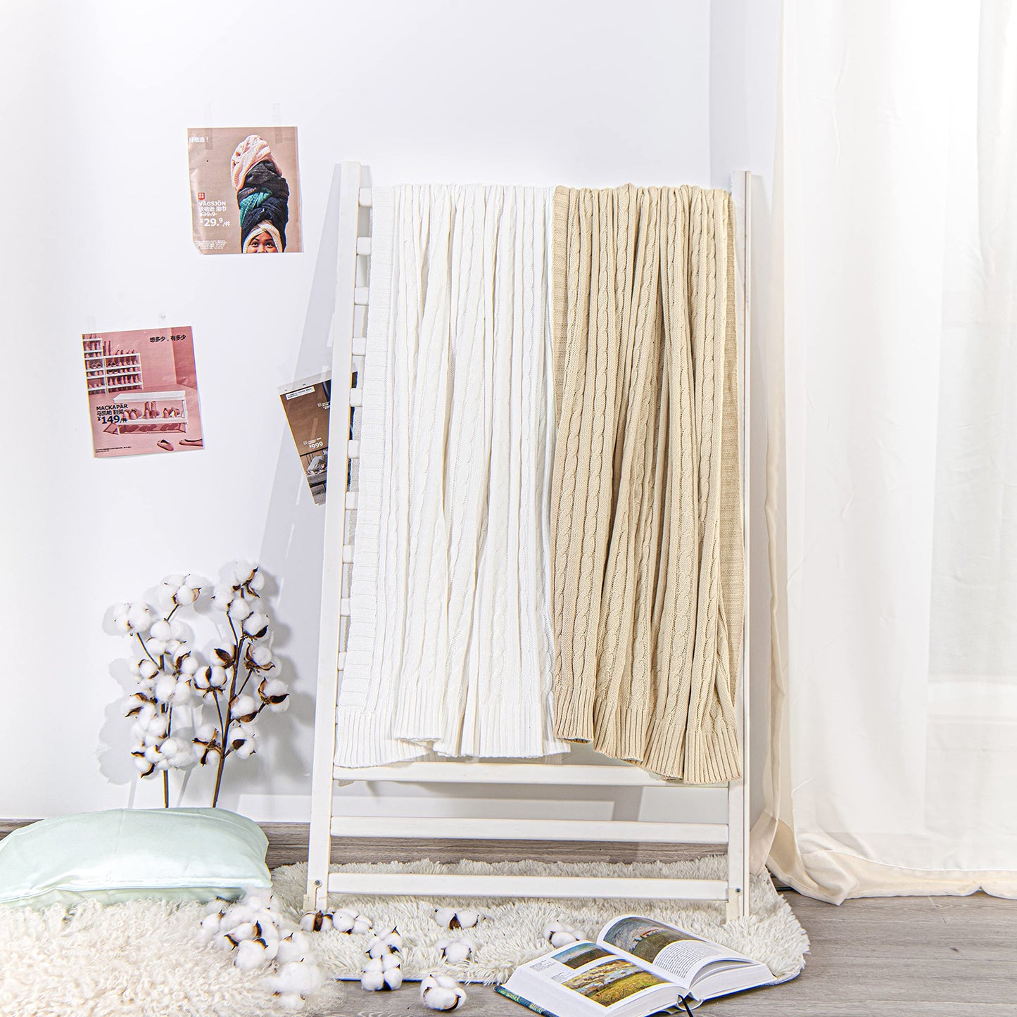 NTBAY 100% Pure Cotton Cable Knit Throw Blanket, Super Soft Warm 51x67 Knitted Throw Blanket for Couch, Sofa, Chair, Bed - Extra Cozy, Machine Washable, Comfortable Home Decor, White