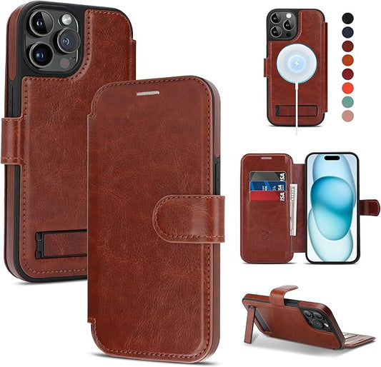 CIVICASE for iPhone 15 Pro Wallet Case with Stand,PU Leather Flip Credit Card Holder Slots (RFID Blocking),Compatible with Magsafe Magnetic Holder Phone Cover Women Men,Dark Brown
