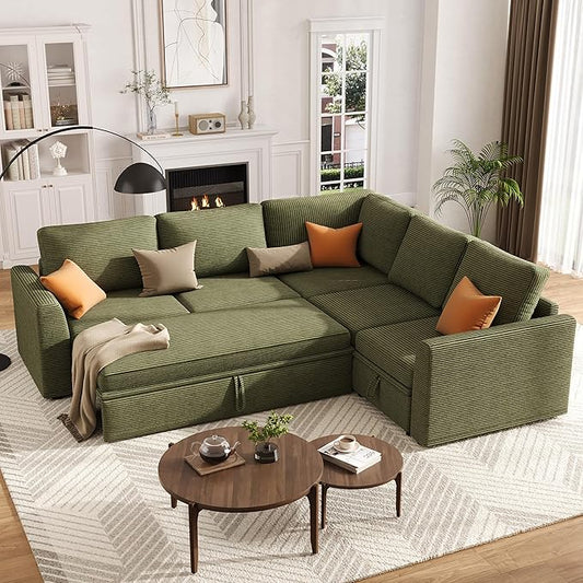 GarveeHome Sectional Sleeper Sofa with Pull Out Bed, Corduroy Modular Sectional Sofa U Shaped 7 Seat Couch with Pull Out Couch and Storage Seat & Ottoman, Convertible Couches for Living Room