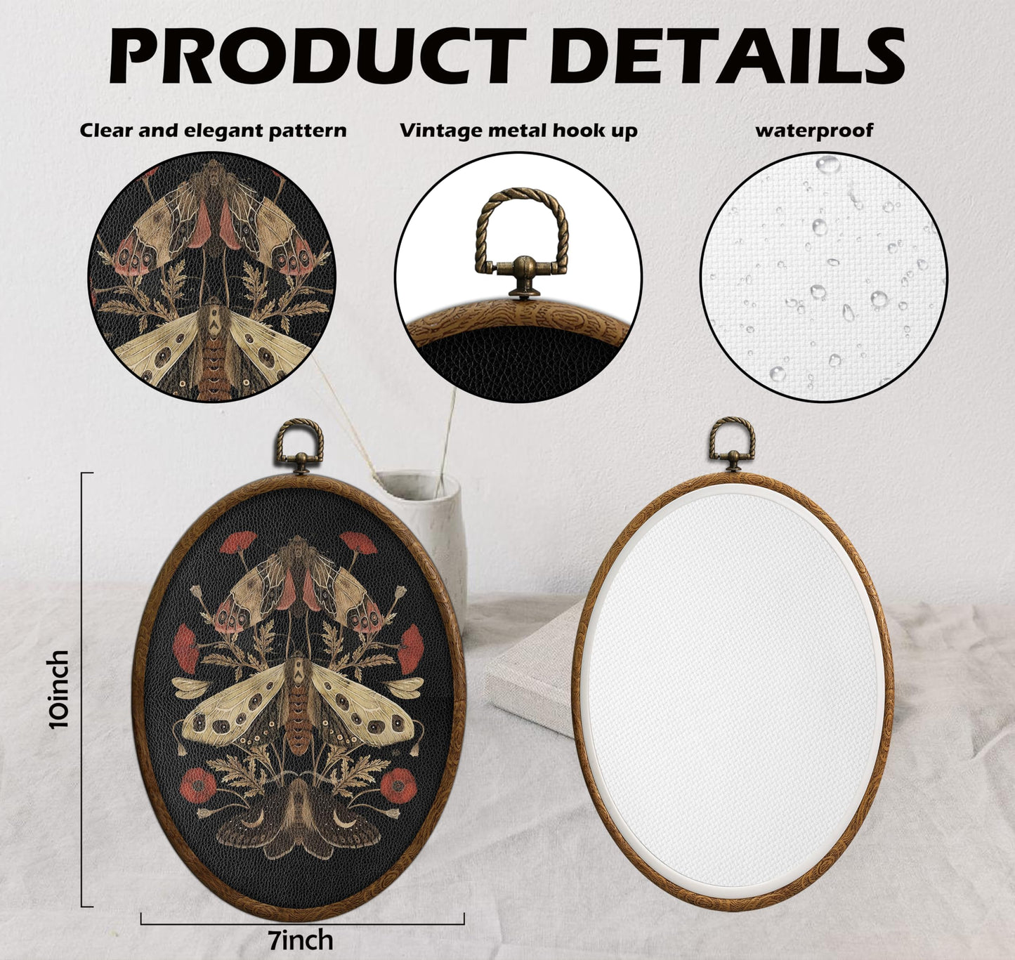 Moths and Poppy Flower Wall Decor, Boho Printed Canvas Oval Wall Hanging for Bedroom Kitchen Home Office, Oval Door Decoration, Bedroom Decor, Living Room Art, Hanging Decoration Art with Hooks,1