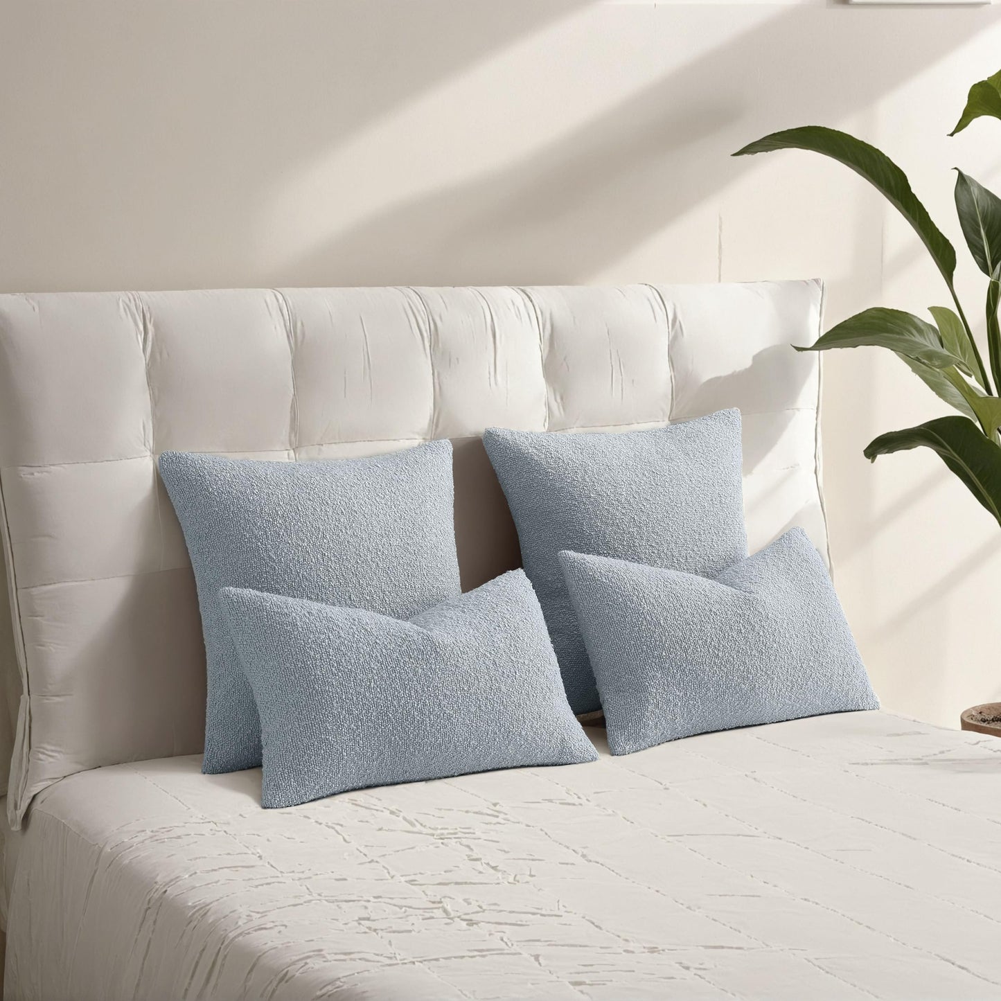 HAUSSY Pack of 2 Pillow Covers 18x18 Inch, Boucle Decorative Throw Pillows Soft Boho Neutral Cushion Covers Home Decor Modern Pillow Cases for Couch Living Room Sofa Bed, Dusty Blue (Covers Only)