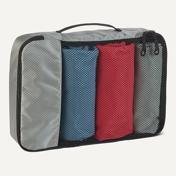 Amazon Essentials 4-Piece Packing Cubes Travel Accessories Set, Luggage Organizer with Double Zipper, Mesh Top, 100% Polyester, Small/Medium/Large/Slim, Gray (Previously Amazon Basics)