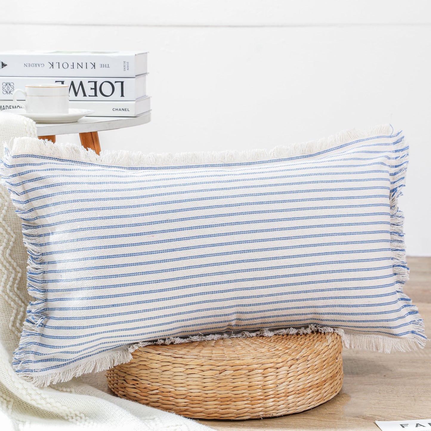 PANOD Decorative Boho Long Lumbar Pillow Cover 12x26,Super Soft Cotton Modern Long Rectangle Pillow Cover Pillow Case for Bed Sofa Couch Farmhouse Livingroom,Light Blue