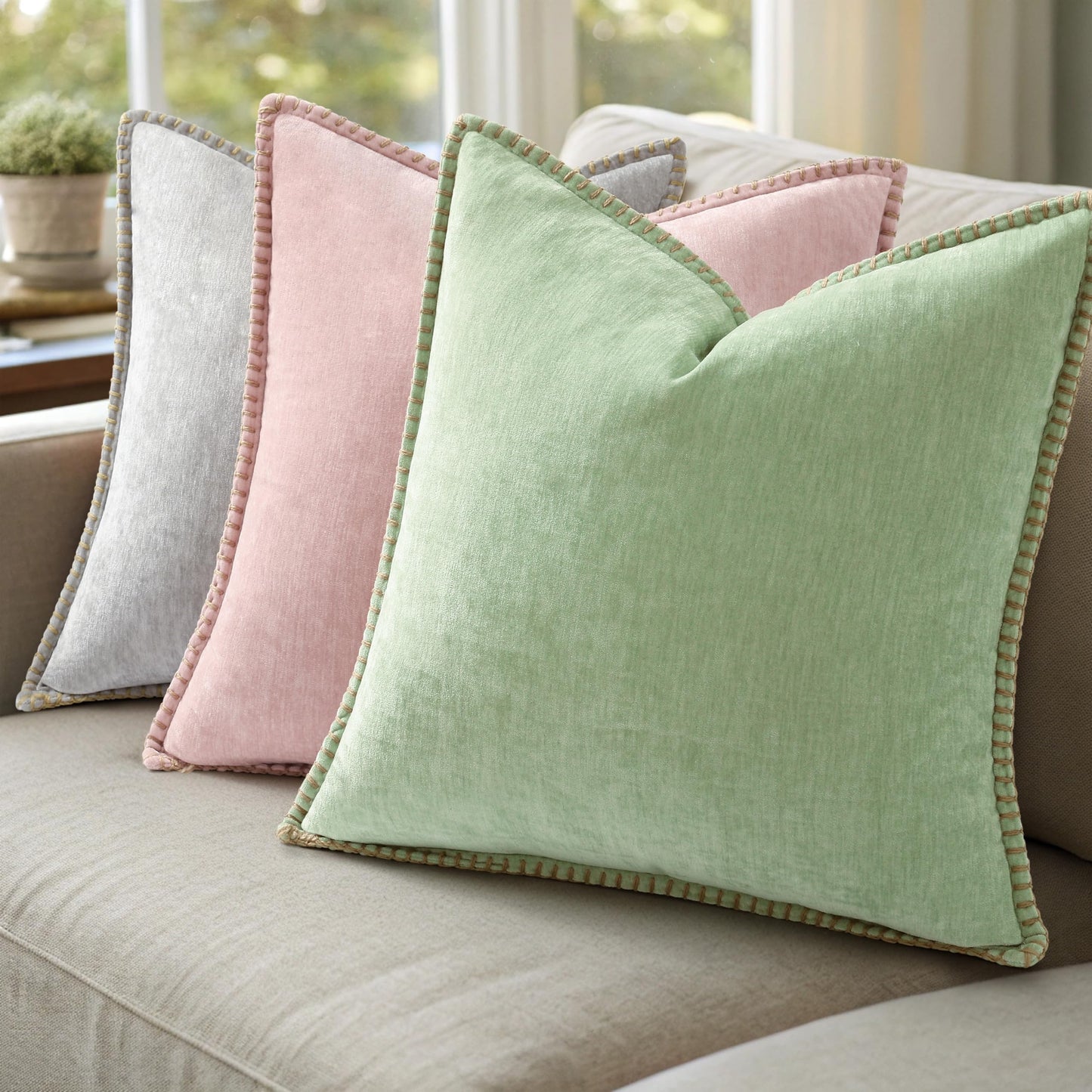 decorUhome Summer Chenille Soft Cozy Throw Pillow Covers 18x18 Set of 2, Modern Farmhouse Boho Velvet Decorative Pillow Cases with Stitched Edge for Couch Sofa Bed Home Decor, Sage Green