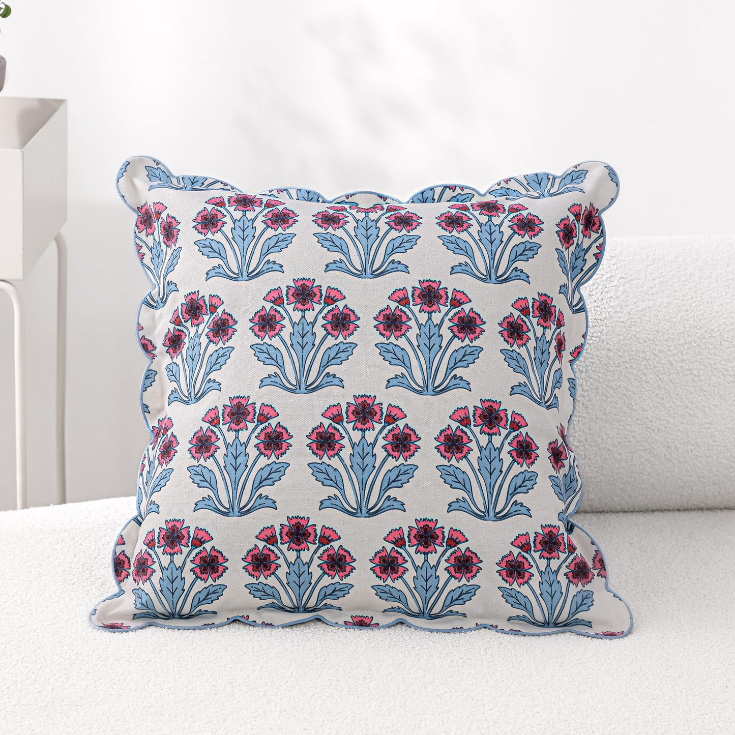 DrapePalette - Scalloped Throw Pillow Covers with Block Print Floral Patterns and Hidden Zipper - Pink Fern, 20 x 20 Inches Pack of 1 - Soft Indoor Pillow Case for Livingroom, Bedroom, or Lounge