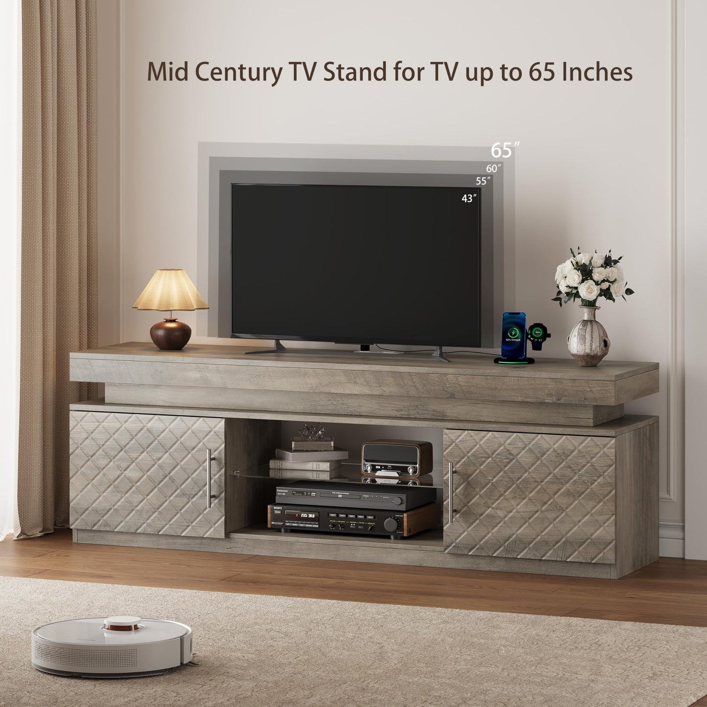 BOXACTION TV Stand for TVs Up to 65 Inch, Entertainment Center with Power Outlet, RGB LED Lights, Adjustable Glass Shelf, Storage Cabinets, Media Console Table for Living Room, Grey