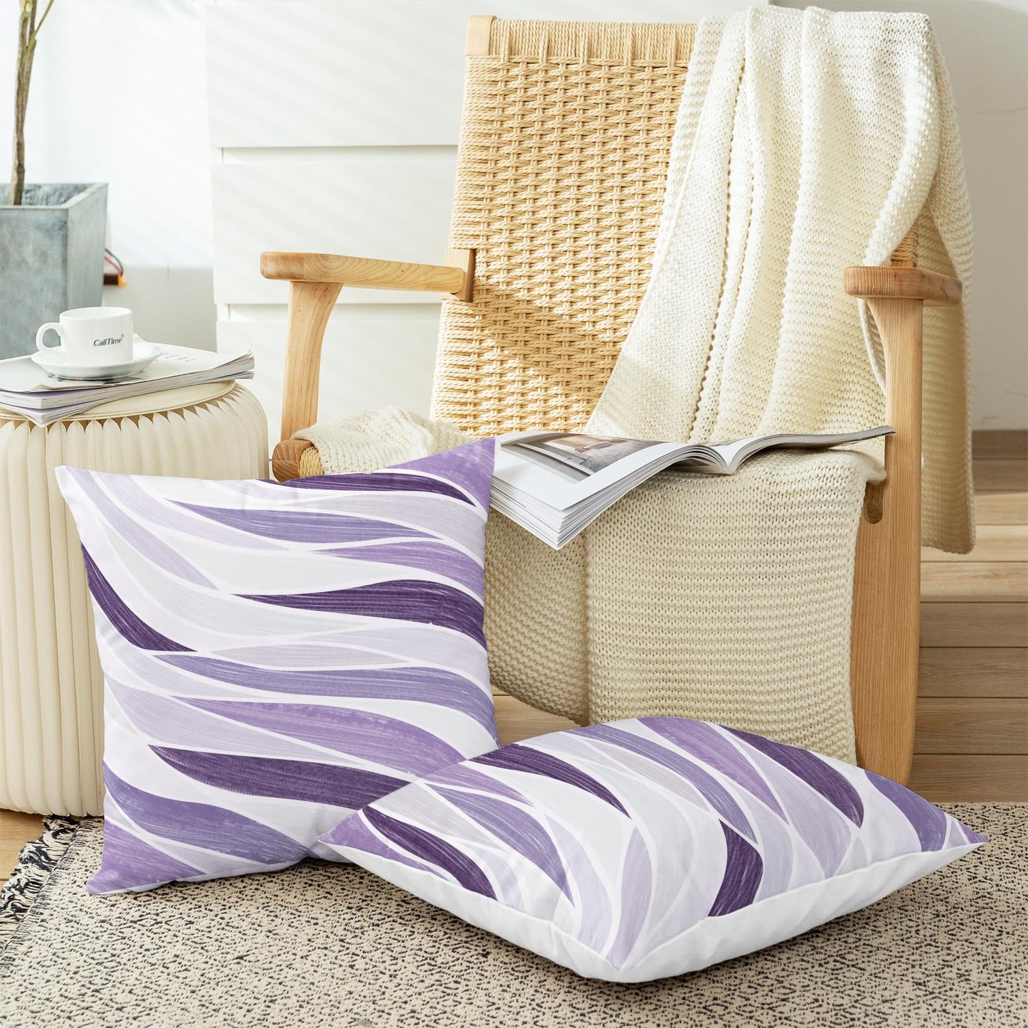 CaliTime Throw Pillow Covers Decorative 18 X 18 Inches Pack of 2 Cozy Fleece Two-Tone Abstract Sea Wave Geometric Cushion Cases for Couch Bed Sofa Farmhouse Decoration Deep Purple Grey
