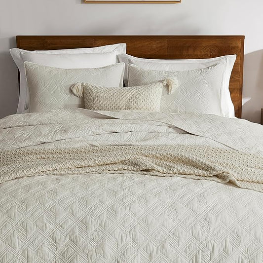 WDCOZY 100% Cotton Twin Size Quilt Set - Beige Pre-Washed Soft Lightweight Modern Bedspread, Farmhouse Country Rustic Coverlet, Textured Like Linen, Shabby Chic Gauze Bedding, 2 Pieces