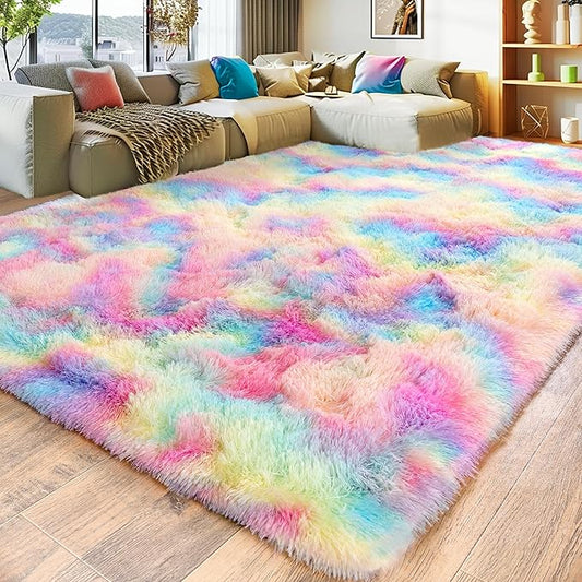 Large 9x12 Area Rug for Living Room, Ultra Soft Shag Thick Fluffy Plush Fuzzy Carpet for Bedroom, Girls Boys Kids Room Non Slip Dorm Rug for Home Decor Aesthetic, Rainbow
