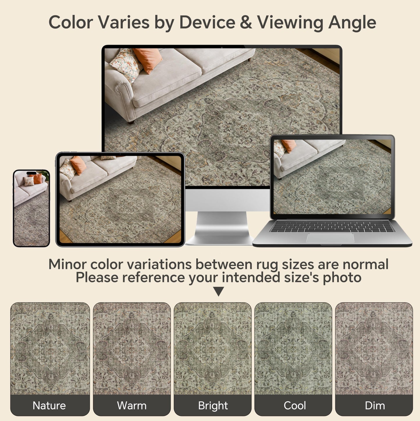 RCTJHOME 5x7 Washable Vintage Area Rugs, Double Non-Slip Low Pile Rug Taupe