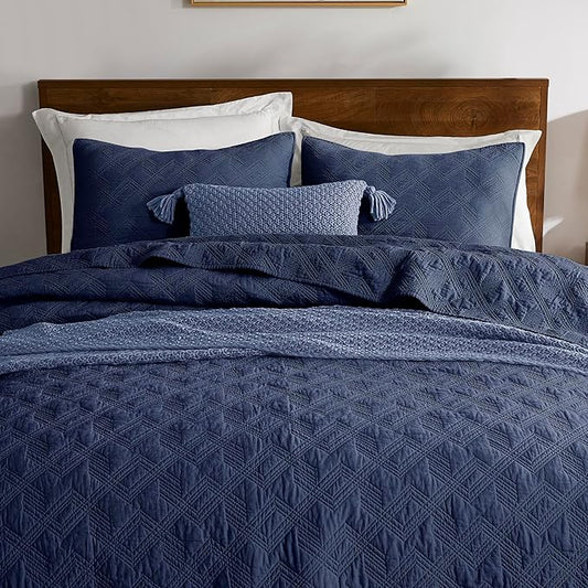 WDCOZY 100% Cotton King Size Quilt Set - Navy Blue Pre-Washed Soft Lightweight Modern Bedspread, Farmhouse Country Rustic Coverlet, Textured Like Linen, Shabby Chic Gauze Bedding, 3 Pieces