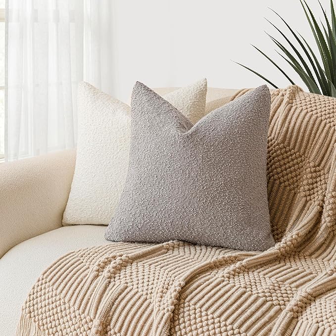 Foindtower Decorative Textured Boucle Throw Pillow Covers Accent Solid Pillow Cases Neutral Soft Cozy Couch Cushion Case for Chair Sofa Bedroom Living Room Home Decor 16x16 Inch,1PC,Neutral Grey