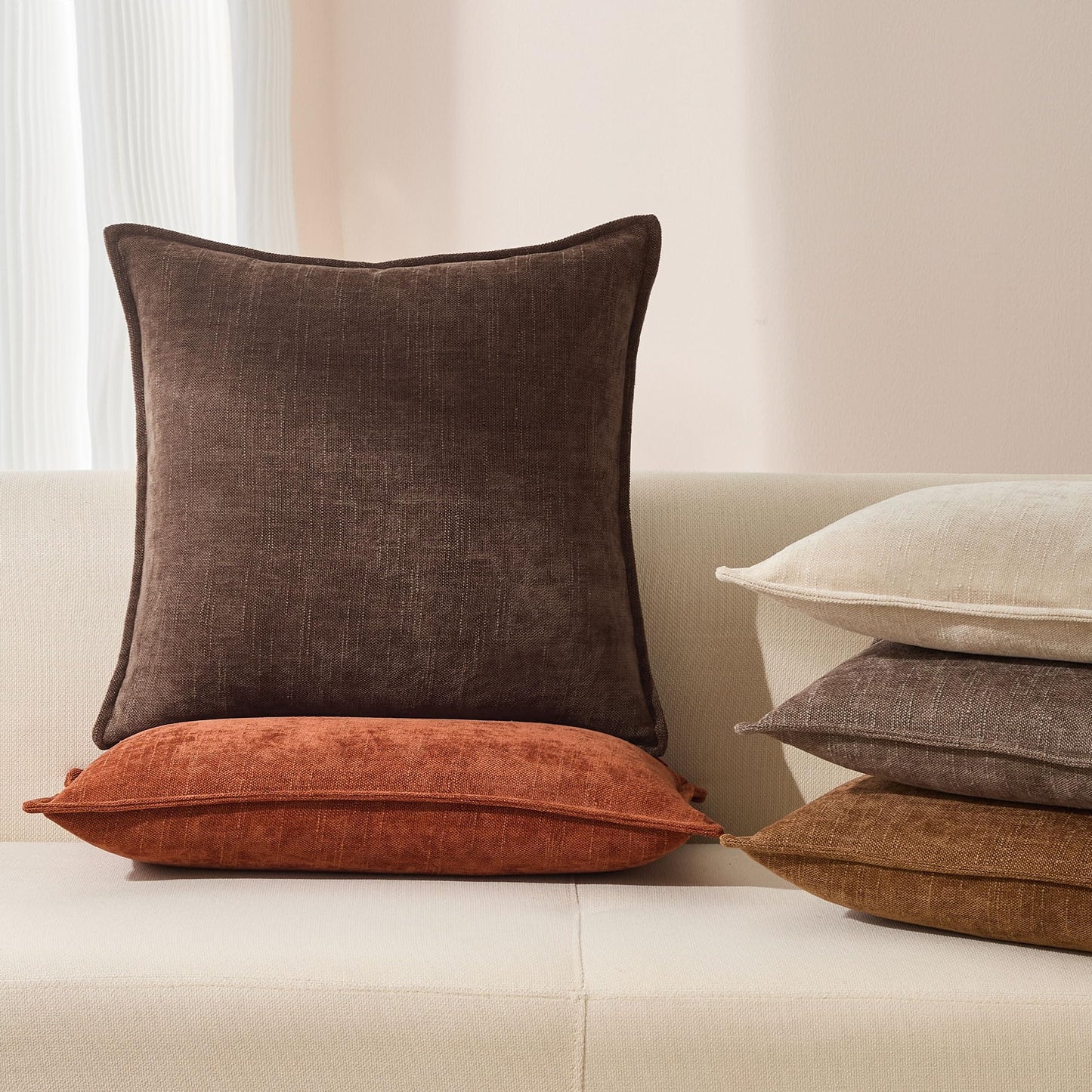 Allorry 22x22 Set of 2 Decorative Throw Pillow Covers Soft Cozy Cocoa Brown Chenille Pillow Covers Neutral Textured Solid Cushion Covers for Modern Farmhouse Sofa Bedroom Living Room Decor SY014-B22