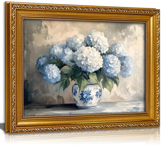 Vintage Gold Framed Canvas Wall Art Vintage Light Blue Flower Art Prints Blue Hydrangeas in Retro Vase Painting Pictures Still Life Floral Poster Artwork for Bedroom Living Room Wall Decor
