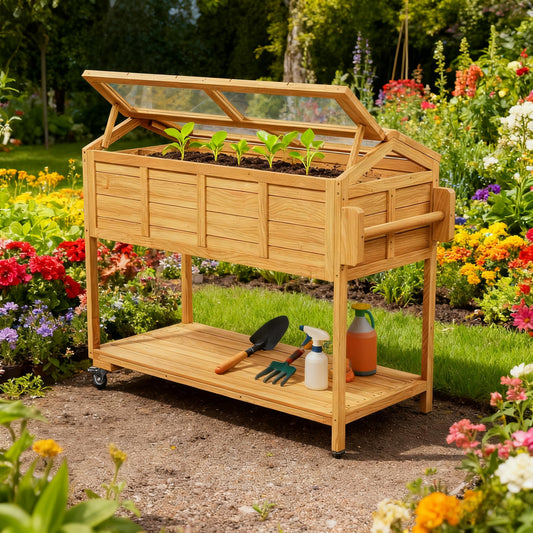 Raised Garden Beds on Wheels with Legs and Cover Elevated Garden Bed Herb Planter Box Cart Outdoor with Bed Liner,Storage Shelf,Seed Starter Tray for Backyard Patio Outside (Country Rustic)