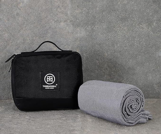 Threadmill Travel Blanket Cotton Viscose derived from Bamboo - Airplane Premium Soft Light Blanket Throw with Black Leather Bag(Grey Color) Compact & Portable Blanket for Travel, Car, Picnic & Camping