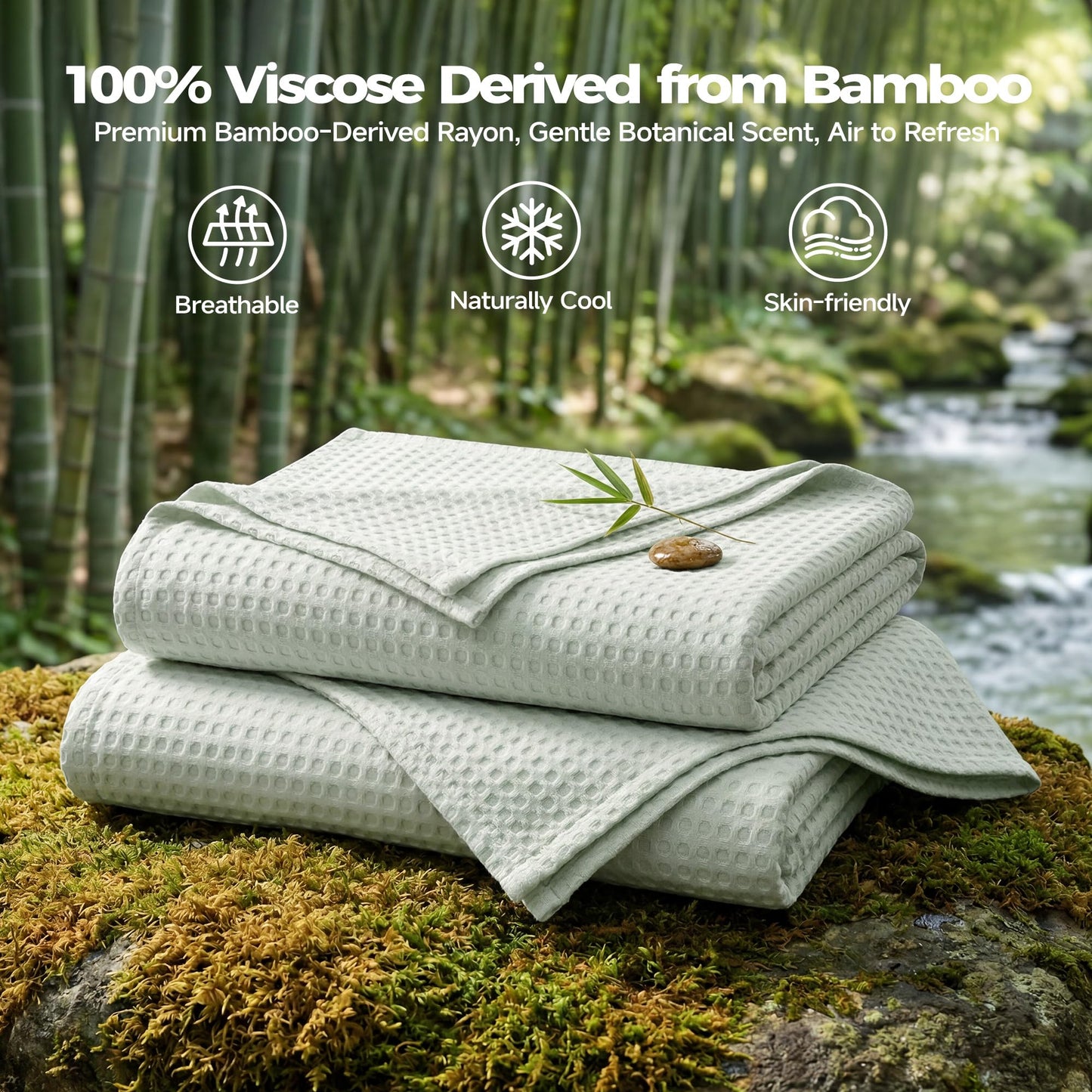 REDKISS Waffle Cooling Throw Blanket for Couch 60" x 90" - Lightweight Breathable Viscose Derived from Bamboo for Hot Sleepers, Soft Summer Blanket for Bed, Sage Green