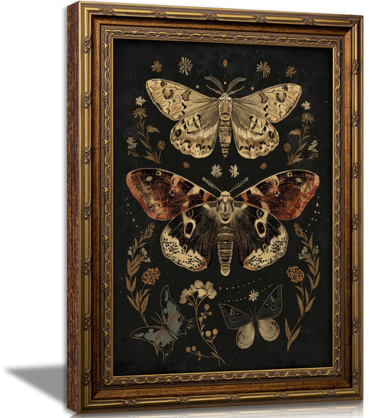 Vintage Gold Framed Wall Art, Retro Moth Framed Wall Art, Dark Botanical Butterfly Canvas Print, Gothic Floral Wall Decor, Rustic Floral Moth Poster Artwork for Bedroom Living Room Office Decor, 9x11
