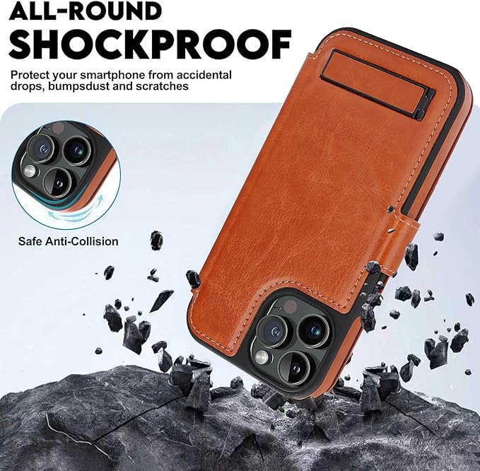 CIVICASE for iPhone 14 Pro Wallet Case with Stand,PU Leather Flip Credit Card Holder Slots (RFID Blocking),Compatible with Magsafe Magnetic Holder Phone Cover Women Men,Brown