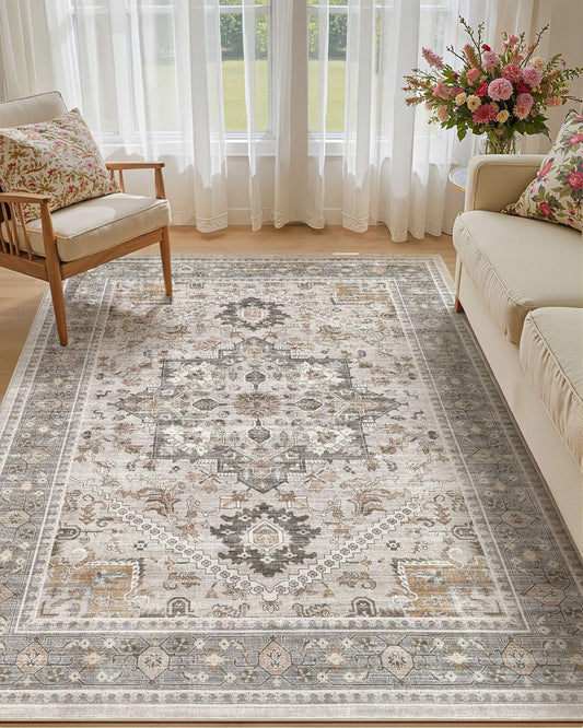 Micgeek 5x7 Vintage Area Rug: Washable Neutral Soft Non Slip Thin Large Floor Carpet for Living Room Bedroom Kitchen Dining Room Home Office Farmhouse Indoor - Taupe