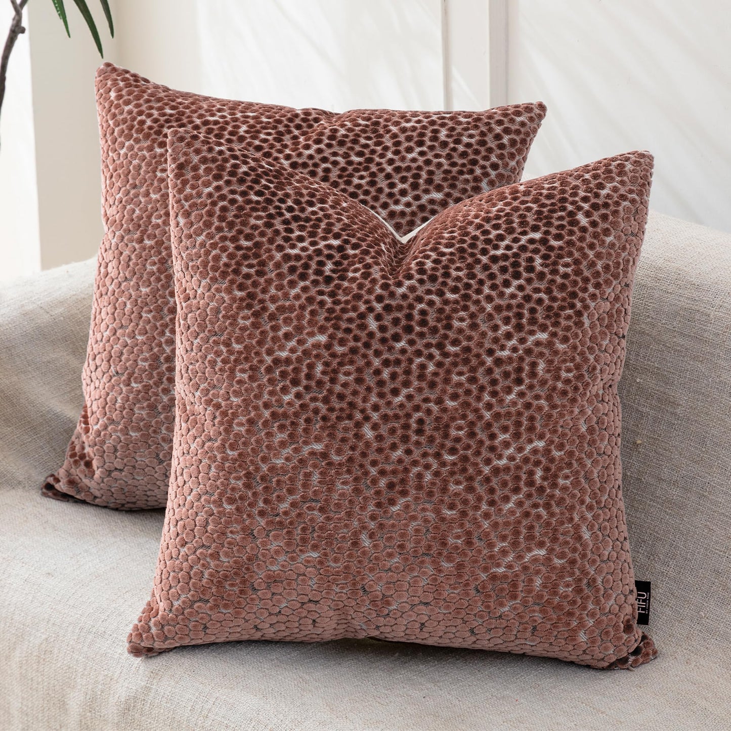 FIFU 18x18 Inch Throw Pillow Cover Set of 2 - Jacquard Velvet Cut-Pile with Linen-Look Back, Invisible Zipper, Soft Decorative Cushion Case for Couch Sofa Bedroom Living Room, Machine Washable, Pink