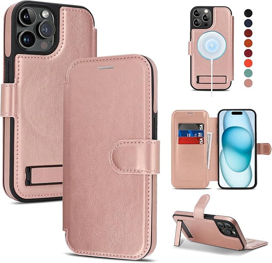 CIVICASE for iPhone 14 Pro Wallet Case with Stand,PU Leather Flip Credit Card Holder Slots (RFID Blocking),Compatible with Magsafe Magnetic Holder Phone Cover Women Men,Rose Gold