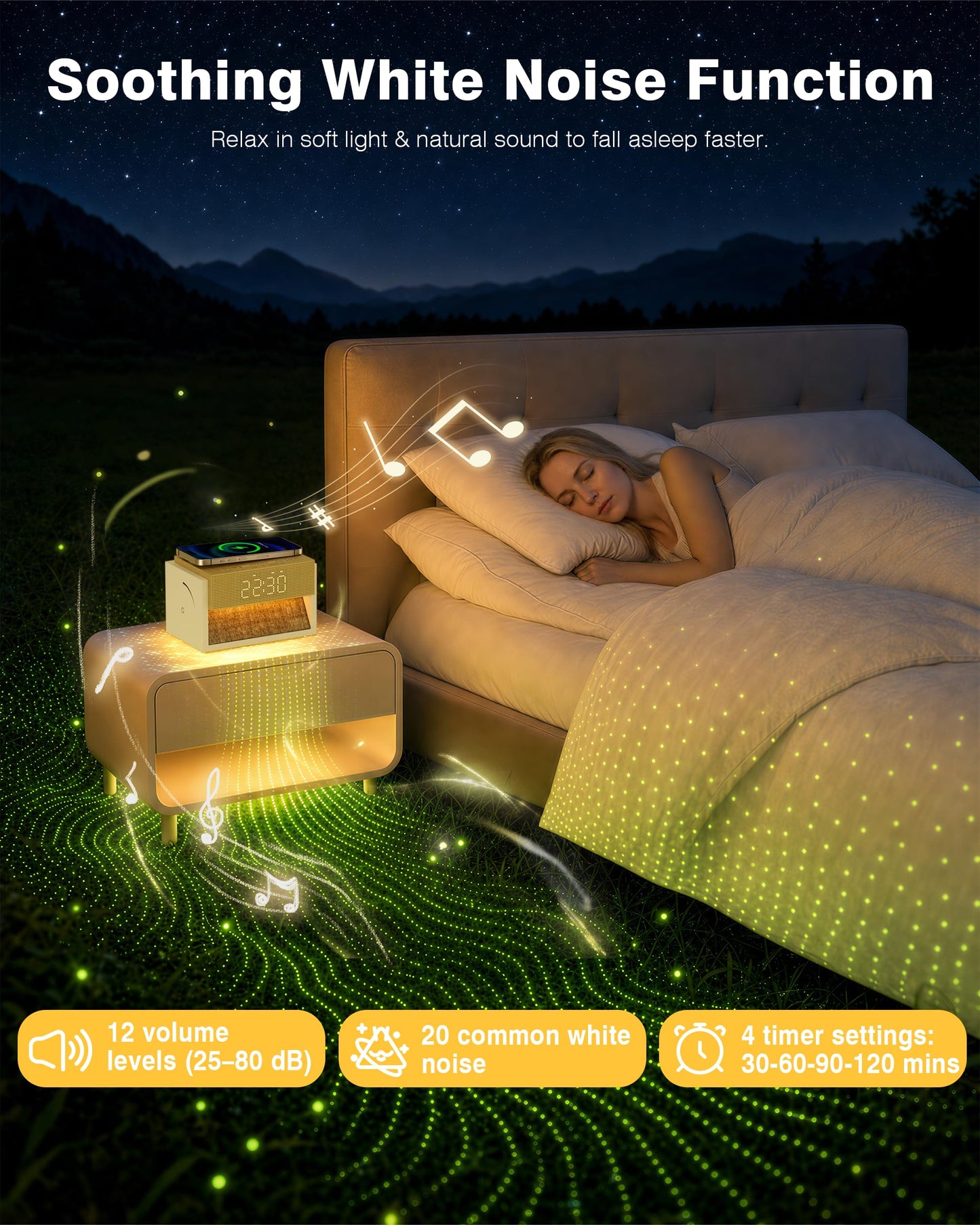 Bokefo Sunrise Alarm Clock with Wireless Charger, White Noise Sound Machine with 20 Soothing Sounds, Wake Up Light Sunlight Simulator, Bedroom Desk Clock for Heavy Sleepers Kids Adults