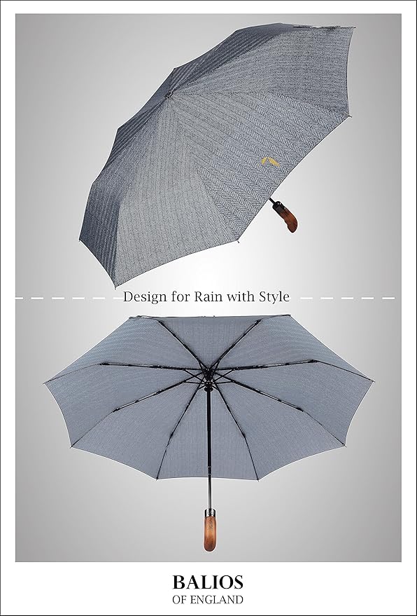 Balios Prestige Travel Folding Umbrella, Handmade Wood Handle, Auto Open & Close