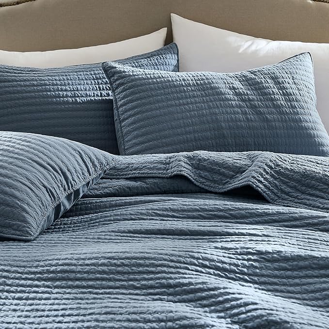 WDCOZY 100% Cotton King Size Quilt Set - Blue Striped Pick Stitch Soft Lightweight Bedspread, Textured Like Linen, Farmhouse Country Rustic Coverlet, Shabby Chic Gauze Bedding, 3 Pieces
