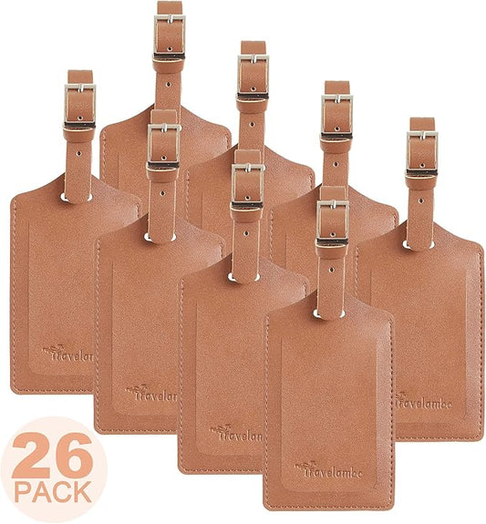 Travelambo 26 Pack Luggage Tags Faux Leather for Suitcases Travel Bag Labels with Protection Cover ID (Yellowish Brown)
