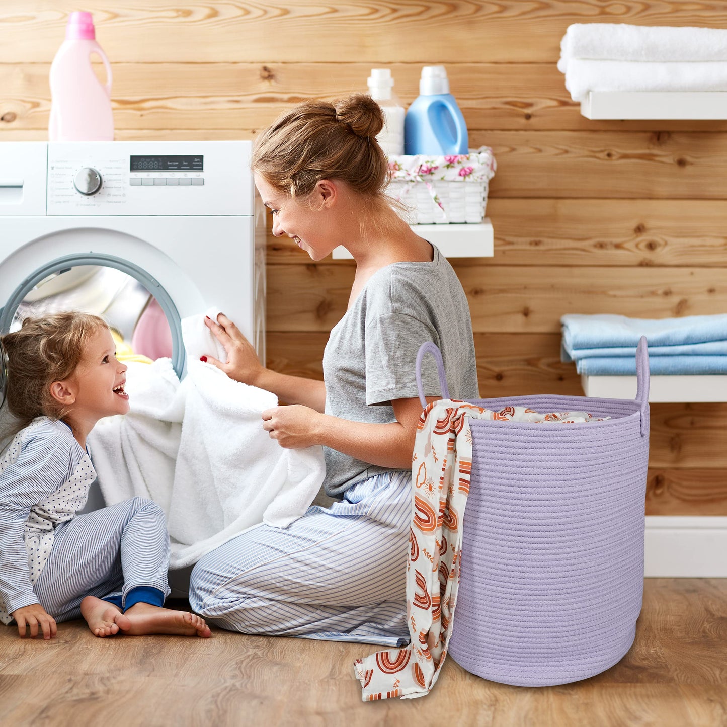 XUANGUO Rope Laundry Basket Hamper for Clothes Woven Storage Basket for Living Room Bedroom Boho Tall Rope Baskets for Blanket Toys Pillow Towels Baby Nursery Hamper Bin Large purple or lavender