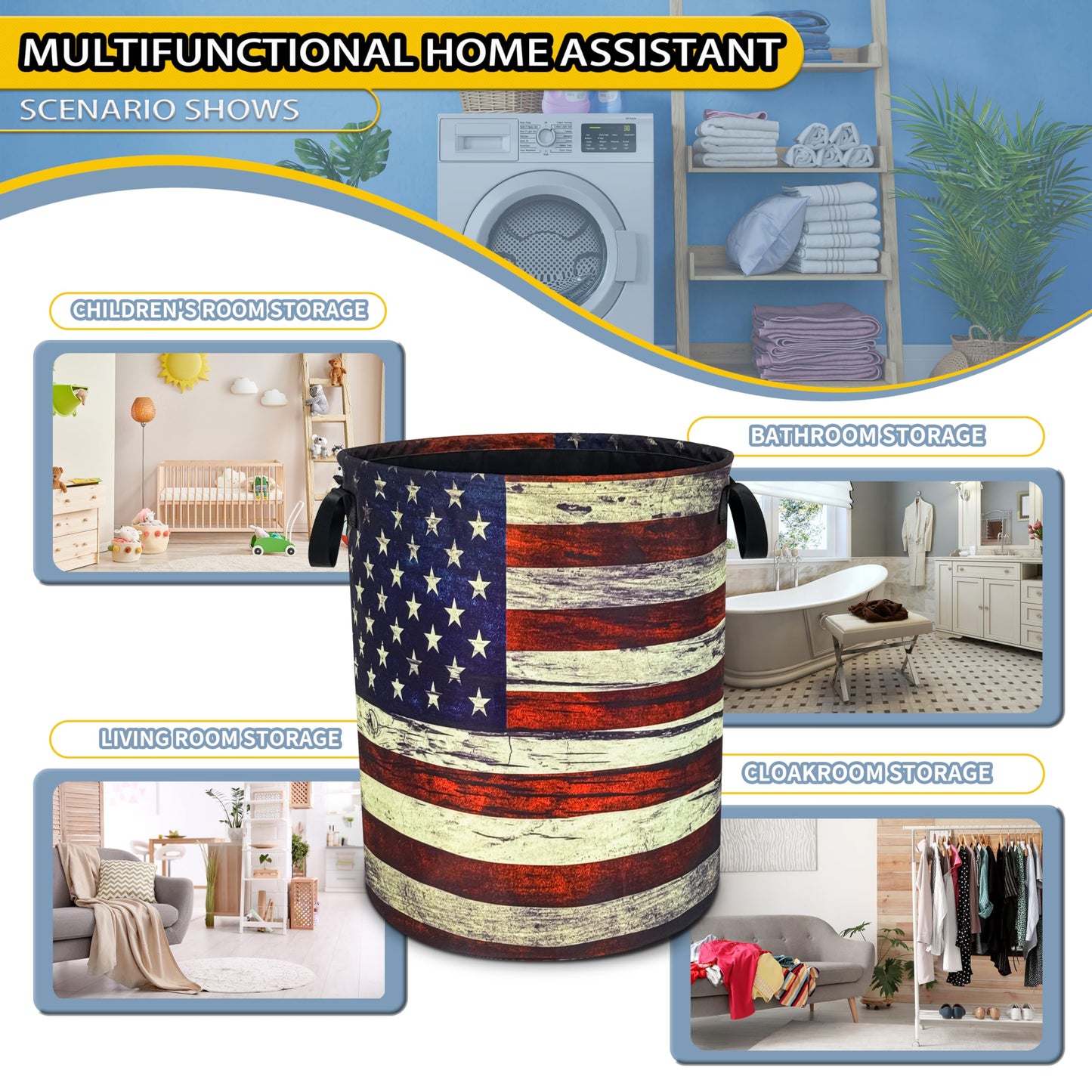 Retro American Flag Laundry Basket Patriotic Foldable Oxford Cloth Funny Tote Bag Laundry Hamper Clothes Storage Bucket Organizer For Bathroom/Laundry Storage/Bedroom 18.9x16.5 Inch