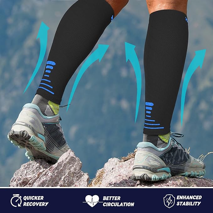 Thoxcare Calf Compression Sleeve for Men Women (1 Pair), Leg Support Footless Compression Socks for Running - Shin Splint Varicose Veins Swelling & Pain Relief, Black/Blue, Medium